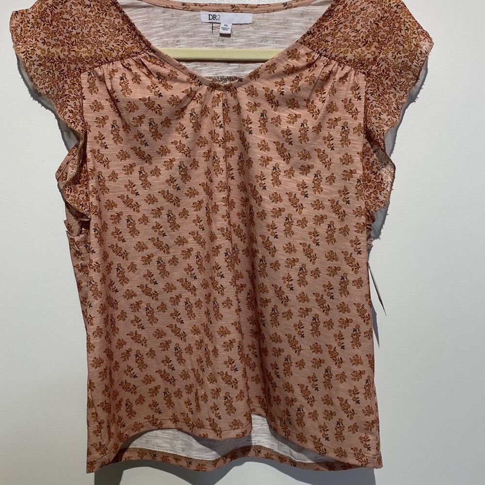 DR2 Women's Butterfly Short Sleeves Ditsy Floral V-Neck Top Brown/ Tan XS NWT‎